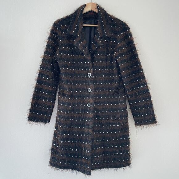 Vtg Y2K Brown Black Fuzzy Striped Button Up Long Trench Coat Sz L Grunge Goth - Picture 1 of 10